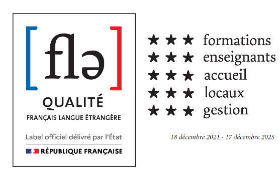 Logo du label Qualité FLE présentant la note maximale dans les 5 critères d'évaluation (formations, enseignants, accueil, locaux, gestion)